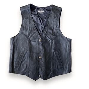 VNTG Leather Biker Vest Sz Men’s S Wmns M Black Snap Front Cropped Western
